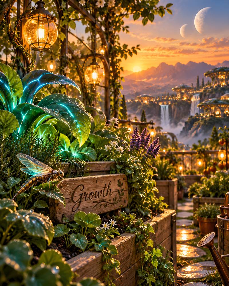 A raised garden bed of glowing alien plants and lavender beside a carved wooden sign that reads Growth
